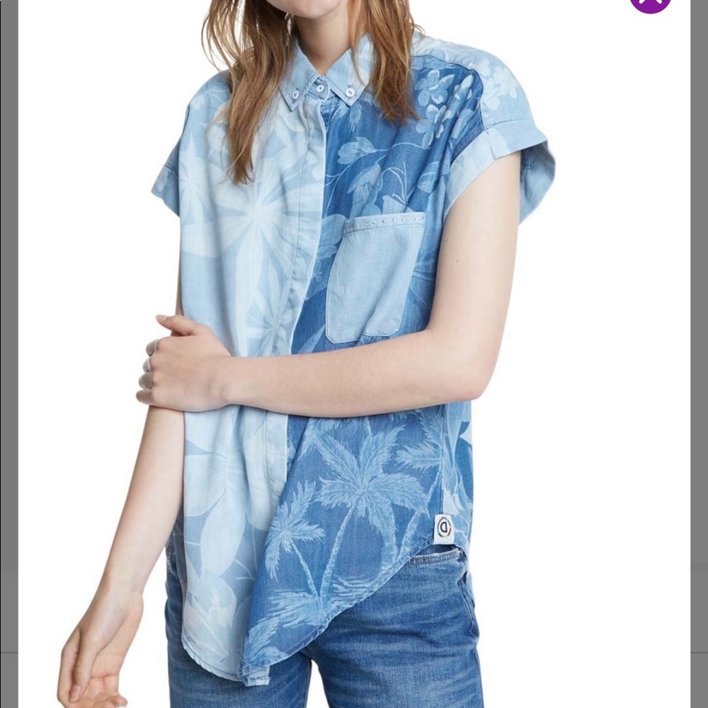 Desigual Denim-blue tropical pocket short-sleeve button-up top